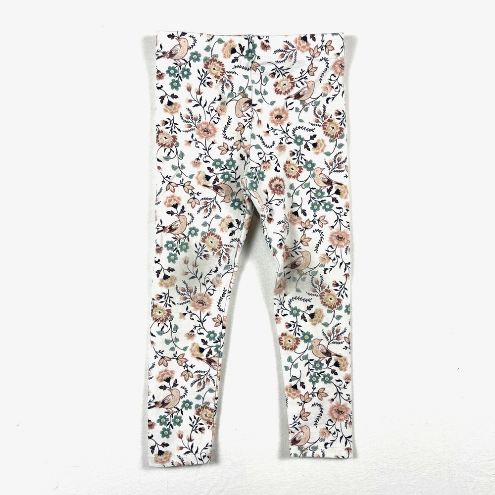 Kids Floral Bird Print Leggings Pants Size 24M White Multi Color